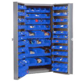 Storage Cabinet w/ 136 Blue Bins, Unassembled, 365 lbs. Weight, 38"W x 24"D x 72"H