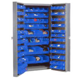Storage Cabinet w/ 136 Blue Bins, Assembled, 417 lbs. Weight, 38"W x 24"D x 72"H