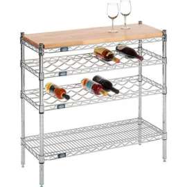 Nexel Chrome Wine Display Unit - Wood Top - 36"W x 14"D x 34"H - 4 Tier
