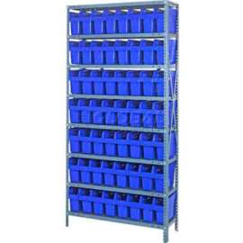 Quantum 1875-SB803 Steel Shelving with 56 8"H Plastic Shelf Bins Blue, 36x18x75-SB8 Shelves