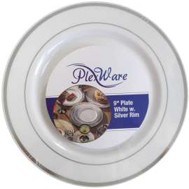 9" Round White Plates with Silver Rim, 5/Pack, 24/Case