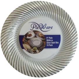 9" Round White Plates with Silver Swirl Rim, 10/Pack, 12/Case