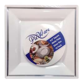 9.2" Square White Plate with Silver Rim, 10/Pack, 12/Case