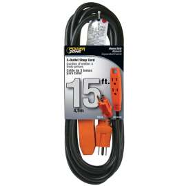 PowerZone Extension Cord, 14 AWG Cable, 5-15P Grounded Plug, 5-15R Grounded Receptacle, 15 ft L, 15 A, 125 V