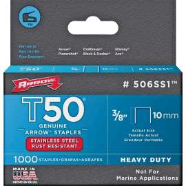 Arrow T50 Series 506SS1 Flat Crown Staple, 3/8 in L Leg, Pack