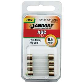 Jandorf 60624 Fast Acting Fuse, 0.5 A, 250 V, 35 A, 10 kA Interrupt, Glass Body