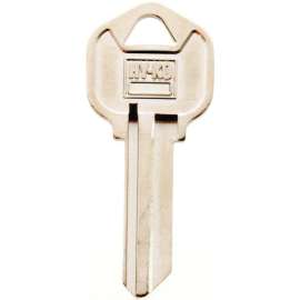 Hy-Ko Blank Kwikset Lock Key, 2.064 in L x 0.865 in W x 0.08 in D, Solid Brass, Nickel Plated