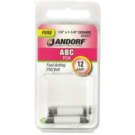 Jandorf 60607 Fast Acting Fuse, 12 A, 250 V, 750 A, 10 kA Interrupt, Ceramic Body