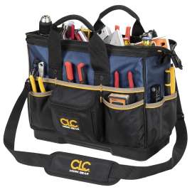 CLC Tool Works PB1563 Tote Tool Bag, 16 in W, 8 in D, 12 in H, 23-Pocket, Polyester, Black/Blue