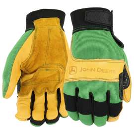 WEST CHESTER John Deere JD00009-L Gloves, Men's, L, Reinforced Thumb, Hook and Loop Cuff, Spandex Back, Green/Yellow