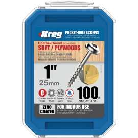 Kreg SML-C1 - 100 Screw, 1 in L, Coarse Thread, Maxi-Loc Head, Square Drive, Self-Drilling Point, Steel, Zinc, 100 PK