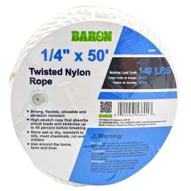 BARON 53801 Rope, 1/4 in Dia, 50 ft L, 149 lb Working Load, Nylon, White