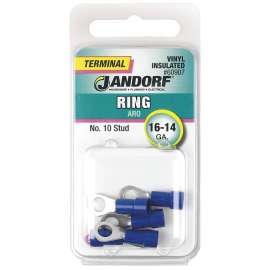 Jandorf 60907 Ring Terminal, 16 to 14 AWG Wire, #10 Stud, Vinyl Insulation, Copper Contact, Blue