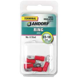 Jandorf 60972 Ring Terminal, 22 to 18 AWG Wire, #6 Stud, Vinyl Insulation, Copper Contact, Red