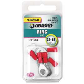 Jandorf 60975 Ring Terminal, 22 to 18 AWG Wire, 1/4 in Stud, Vinyl Insulation, Copper Contact, Red