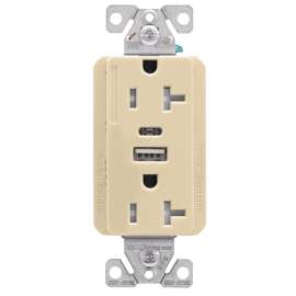 Eaton Cooper Wiring TRUSBAC20 TRUSBAC20V-K-L Receptacle, 2 -Pole, 5 A, 125 VAC, 2 -USB Port, Type A, C USB, Ivory