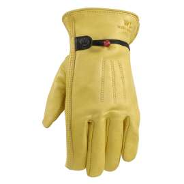Wells Lamont 1132M Adjustable Work Gloves, Men's, M, Keystone Thumb, Cowhide Leather, Gold/Yellow