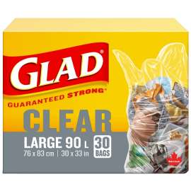 GLAD 30303 Garbage Bag, L, 90 L Capacity, Clear